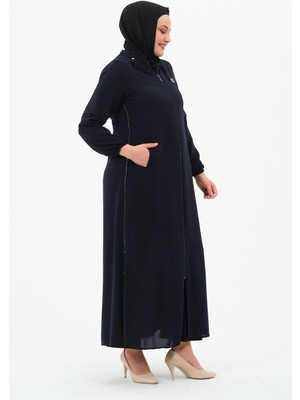 Elanaz Kadın Büyük Beden Etamin Kumaş Taşlı Kapüşonlu Ferace