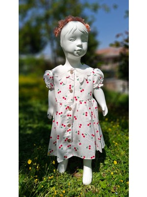 Kız Çocuk Doğum Günü Mevlüd Kısa Kollu Kirazlı Elbise