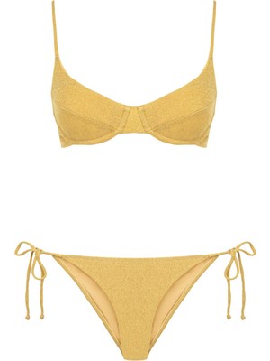 Lurex Büzgülü Balenli Hardal Bikini Takım