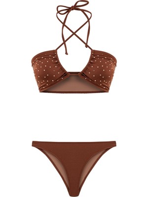 Parlak Taşlı Gipeli Kızıl Kahve Halter Bikini Takım