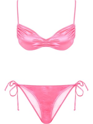 Saten Pembe Büzgülü Büstiyer Bikini Takım