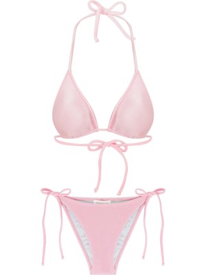 Kadife Dokulu Pembe Üçgen Bikini Takım