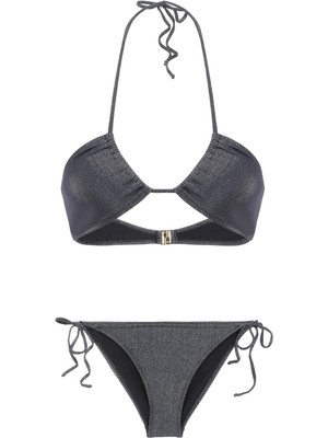 Halter Yaka Simli Siyah Bikini Takım