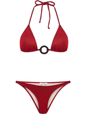 Aksesuarlı Dokulu Kırmızı Üçgen Bikini Takımı