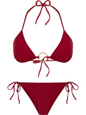 Dokulu Aksesuarlı Bordo Üçgen Bikini Takım