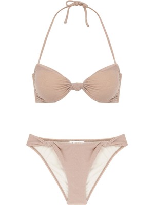 Düğüm Detaylı Simli Vizon Straplez Bikini Takım
