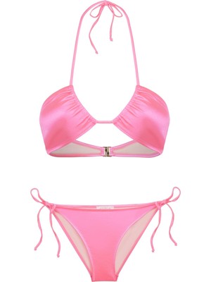 Halter Yaka Saten Pembe Bikini Takım