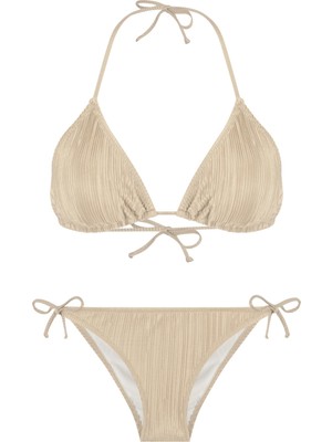 Piliseli Saten Gold Üçgen Bikini Takım