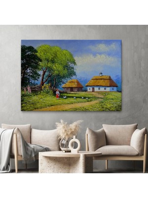 Marsilyan- Ukrayna Köy Evi Manzarası Yağlıboya Görünüm Dekoratif Kanvas Duvar TABLOSU-3664