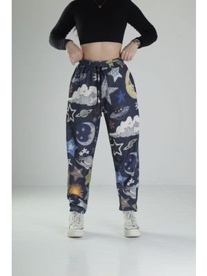 Cocopelli Kadın Renkli Gezegen Desenli Rahat Kesim Baget Pantolon COC1676