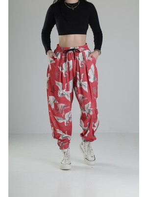 Chinese Kuş Desenli Pileli Jogger