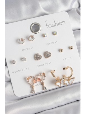 Pirinç Gold Renk Zirkon Taşlı Sallantılı Kalp Figür Kelebek Detay 7 Çift Kadın Küpe Seti