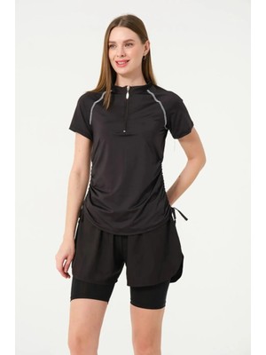 Tesmay 24156  Kısa Kol Yarım Fermuarlı Hızlı Kuruyan Kumaş Şortlu Taytlı Yarı Kapalı Mayo