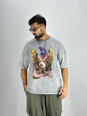 Cocopelli Erkek Gri Yıkamalı Oversize Kartal Baskılı T-Shirt COC2216