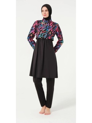 Tesmay 21109 Siyah Dijital Desenli Lycralı Tesettür Mayo