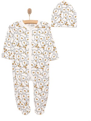 Hellobaby Yenidoğan Kız Bebek Tulum-Bere 2li Takım Interlok Hayvan Desenli Patikli Paça Ekru
