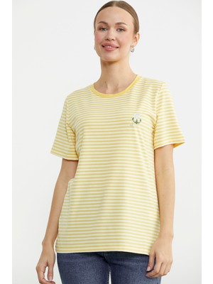 Çizgili Nakış Detaylı Penye Tişört - Sarı