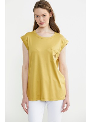 Düşük Kol Dökümlü Cepli Tişört - Hardal