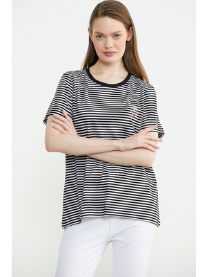 Çizgili Nakış Detaylı Penye Tişört - Siyah
