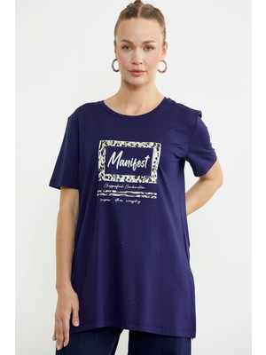 Baskılı Bisiklet Yaka Tunik Tişört - Lacivert