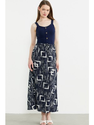 Desenli Beli Lastikli Uzun Etek - Lacivert