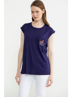 Düşük Kol Dökümlü Cepli Tişört - Lacivert