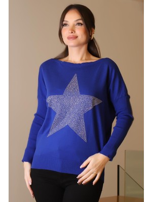 Taşlı Yıldız Baskılı Saks Kadın Triko Kazak 602-2K5