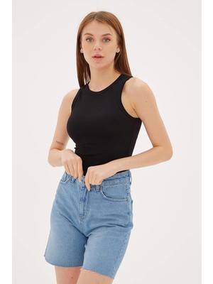 Kolsuz Sıfır Yaka Siyah  Kadın Crop 0479-2Y5