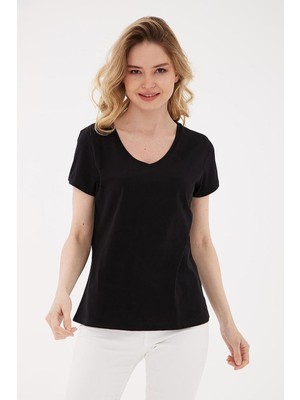 Nazen Giyim V Yaka Kısa Kollu Siyah Kadın T-Shirt  0932-2Y5