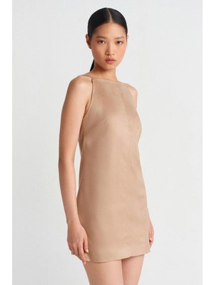 Askılı Kısa Süet Bej Kadın Elbise 90909-2K5