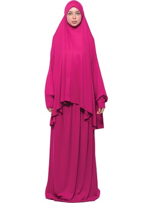 Altobeh Pratik Iki Parça Pamuklu Yarasa Kollu Başörtülü Organik Tesettür Namaz Elbisesi-Fuşya