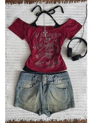 Bordo Skeleton Madonna Yaka Ek Askılı Gotik Y2K Kısa Kollu Full Body Crop