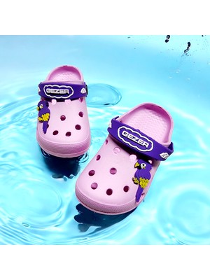GEZER Çocuk Eva Papağan Stickerli Plaj Sandalet Terlik Pembe Düz Topuklu Erkek Çocuk İçin