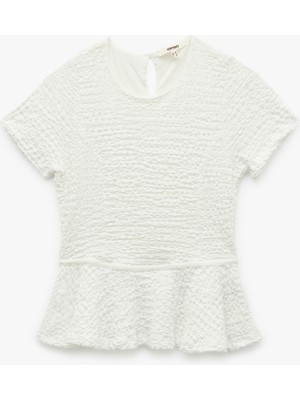 Koton Bürümcük Kumaş Dokulu Kısa Kollu Bisiklet Yaka Peplum Bluz