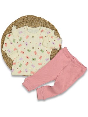 Kız Bebek Ekru Pembe Renkli Kalpli Zarf Baskılı 2'li Takım - 1014986
