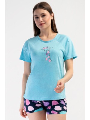Kadın Kısa Kol Turkuaz Şortlu Pijama Takım C1T5N2O804