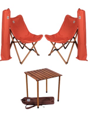 Bag The Joy Ahşap Katlanır Kamp Masa Sandalye Seti 50x50x50 cm | Çantalı | Kahverengi – Kiremit