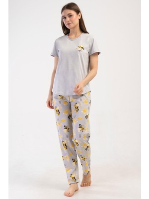 Kadın Kısa Kol Gri Pijama Takımı %100 PAMUK C1T9N2O804
