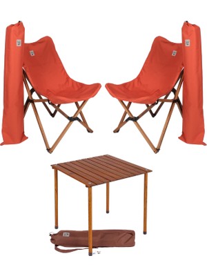 Bag The Joy Ahşap Katlanır Kamp Masa Sandalye Seti 60x60x55 cm | Çantalı | Kahverengi – Kiremit