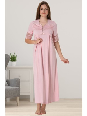 Pembe Dantelli Kısa Kol Hamile Lohusa Gecelik