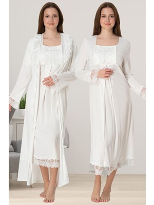 Effortt Ekru Pamuklu Hamile Lohusa Gecelik Takımı Emzirme Özellikli Şık Tasarım