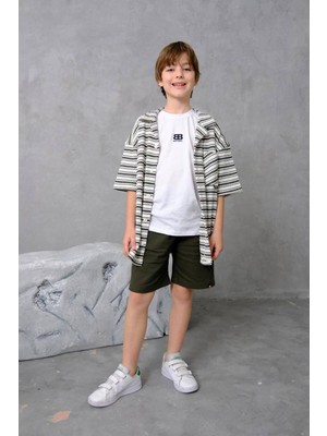Miniğimin Cicileri Bb Çizgili Hırkalı Şortlu Erkek Çocuk 3’lü kombin - Haki