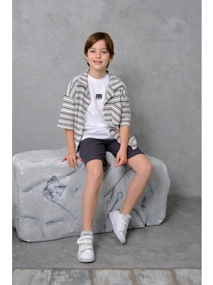 Miniğimin Cicileri Bb Çizgili Hırkalı Şortlu Erkek Çocuk 3’lü kombin - Gri