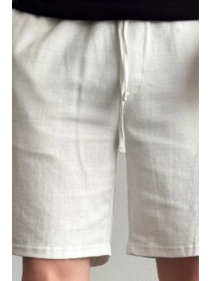 Erkek Beyaz Musli Lastikli Bağcıklı Regular Şort