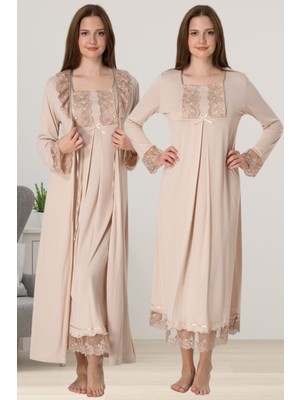 Kahverengi Sabahlıklı Hamile Lohusa Gecelik Takım