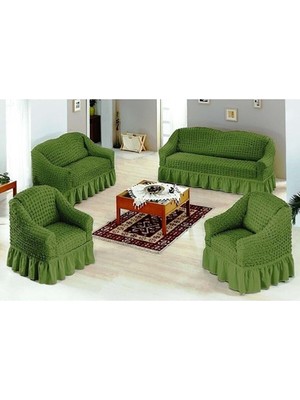 Bürümcük Pamuklu (3-2-1-1) Koltuk Kanepe Örtüsü Takımı Etekli (Yeşil Renk)