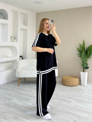 Veraura Lifestyle Kadın Kısa Kollu Bisiklet Yaka Çift Renk Şerit Detaylı Viskon Iki Iplik Bluz ve Pantolon Ikili Takım