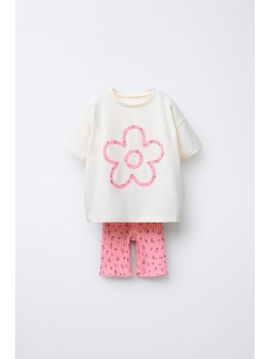 Kız Çocuk Pamuklu Ekru Desenli T-Shirt ve Ribana Tayt Takım - Yazlık Iki Parça