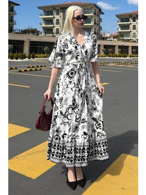 Siyah Kruvaze Yaka Desenli Kadın Elbise MG2474