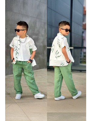 Miniğimin Cicileri Müslin Dal Desenli Cepli 3 Lü Erkek Çocuk rahat takım - Yeşil